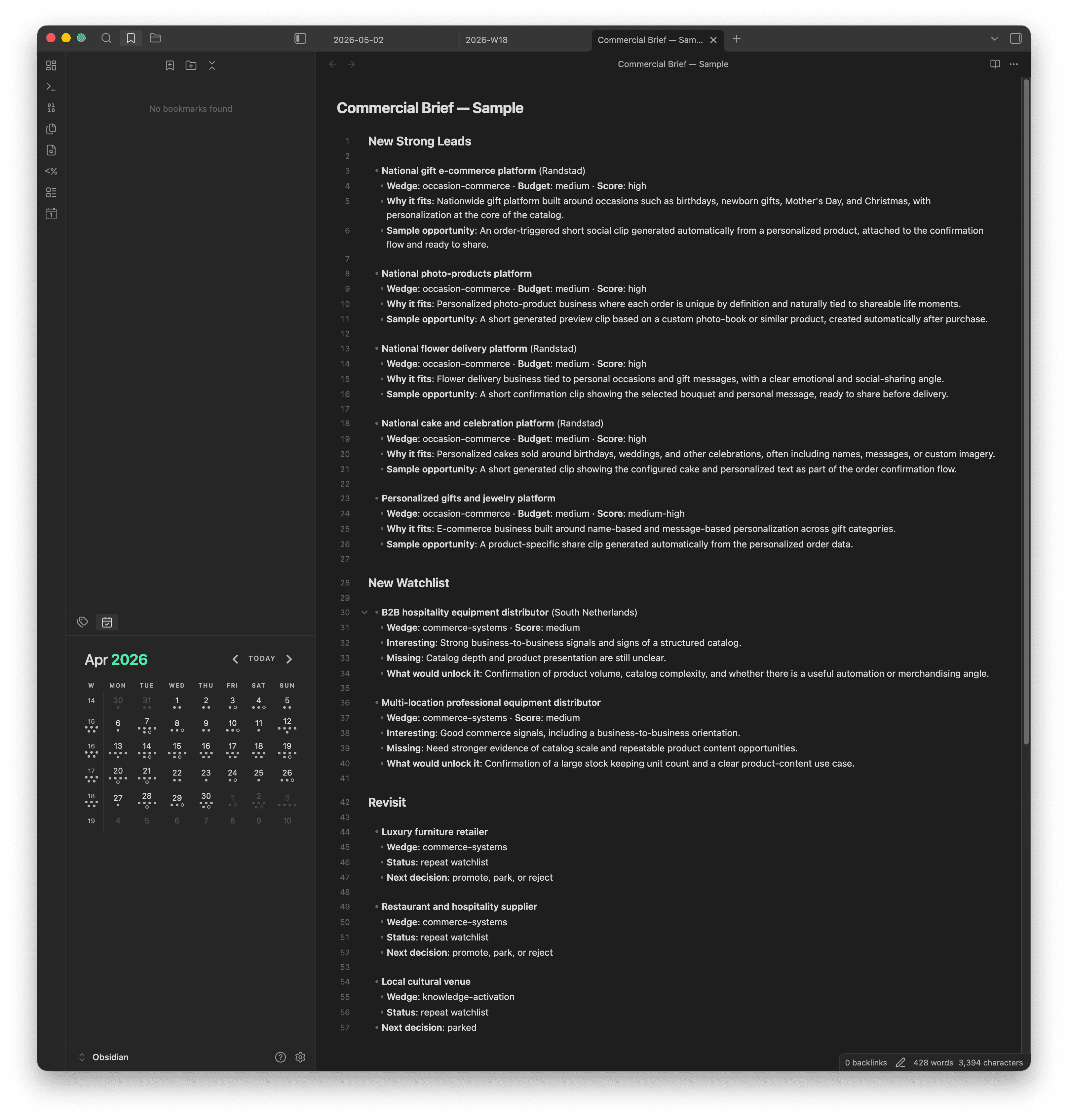 A weekly commercial brief in Obsidian, grouped into Strong Leads, Watchlist, and Revisit.