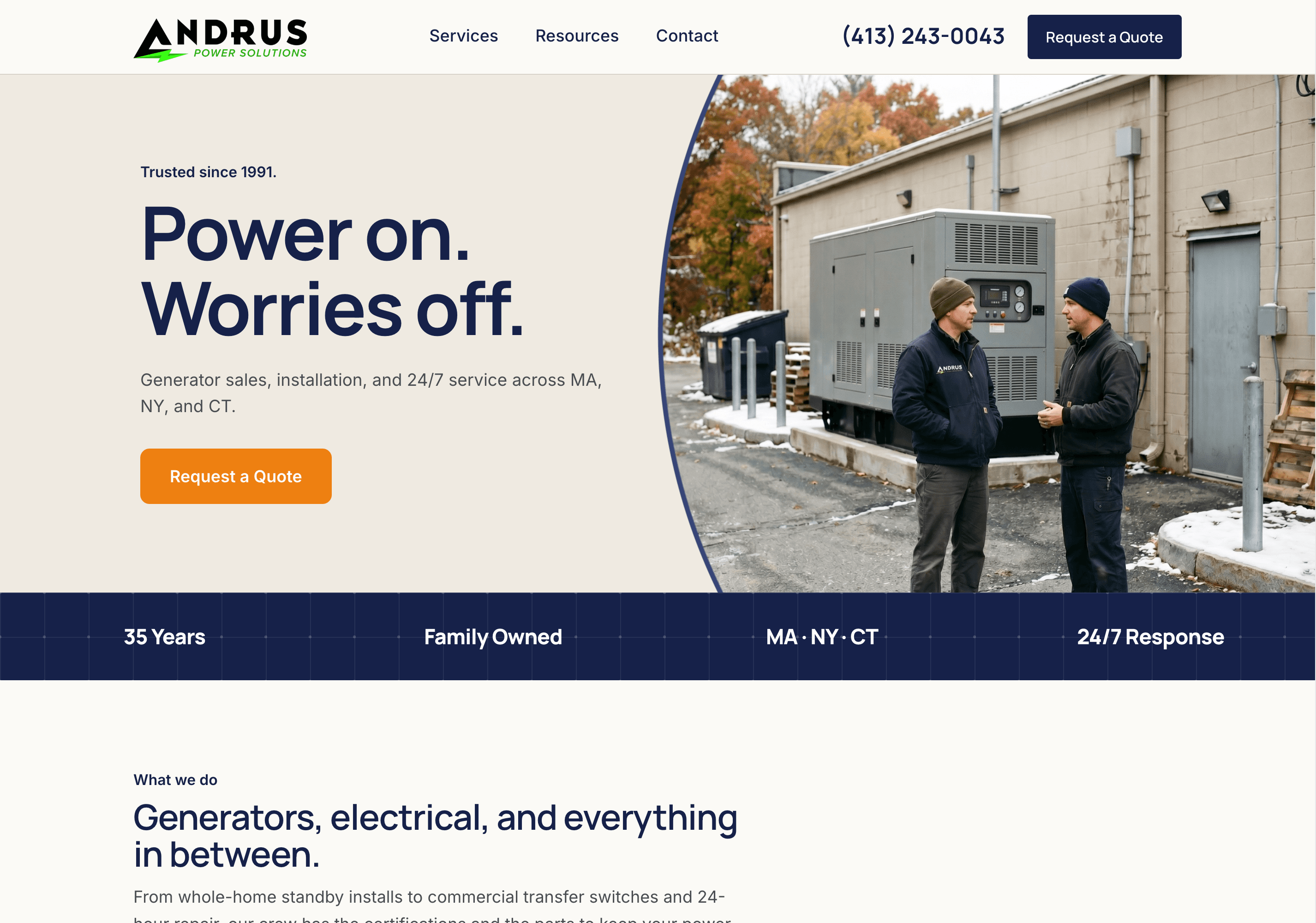 Andrus Power Solutions homepage hero with the headline 'Power on. Worries off.' beside a photograph of two technicians talking next to a standby generator