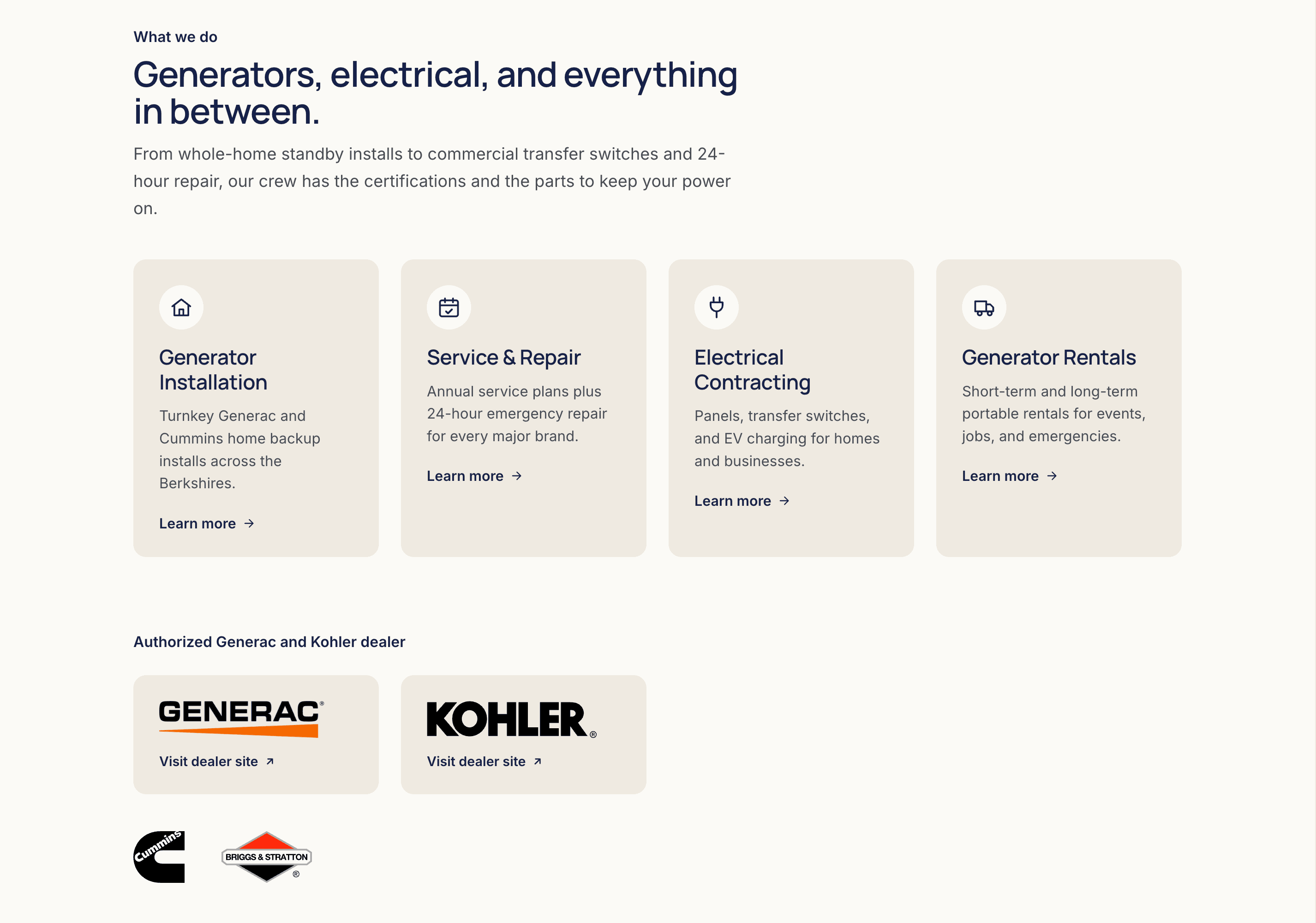 The services section of the Andrus homepage with four cards: generator installation, service and repair, electrical contracting, and generator rentals, above Generac and Kohler dealer badges