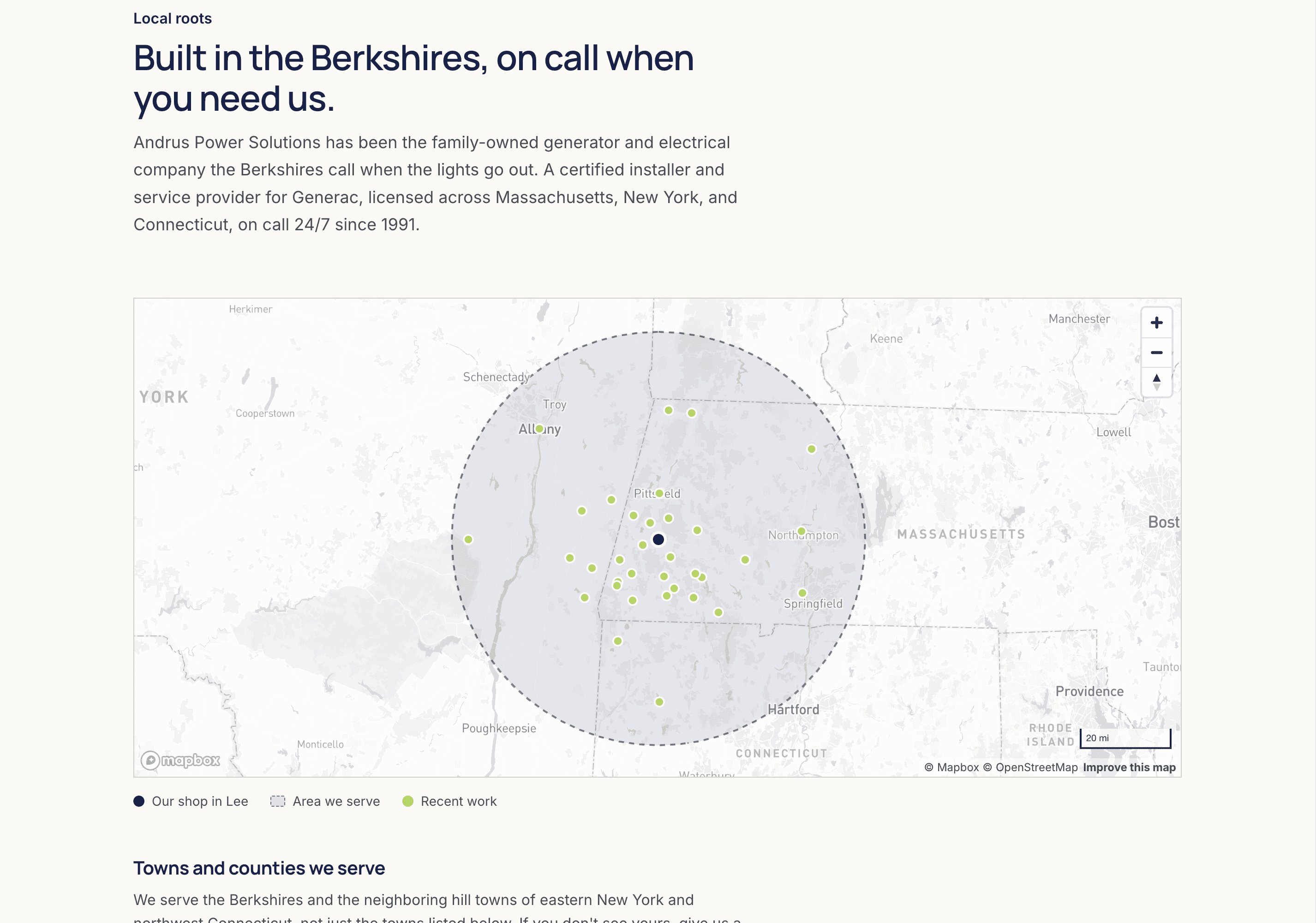 The service-area section headed 'Built in the Berkshires, on call when you need us', with a Mapbox map showing the shop in Lee, a service radius, and recent work plotted as dots across Massachusetts, New York, and Connecticut