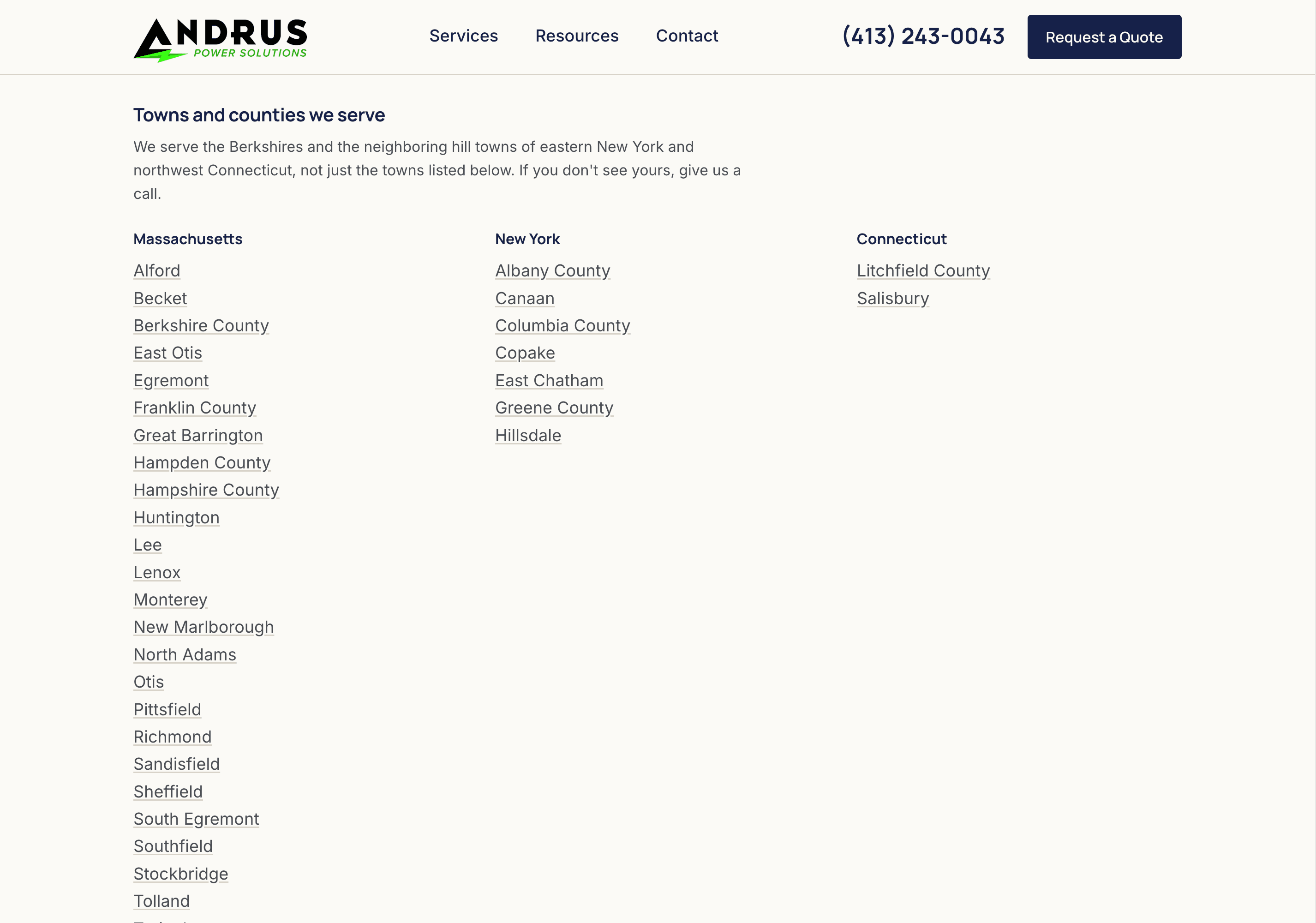 The towns and counties index listing the Massachusetts, New York, and Connecticut towns Andrus serves, each linking to a dedicated location page