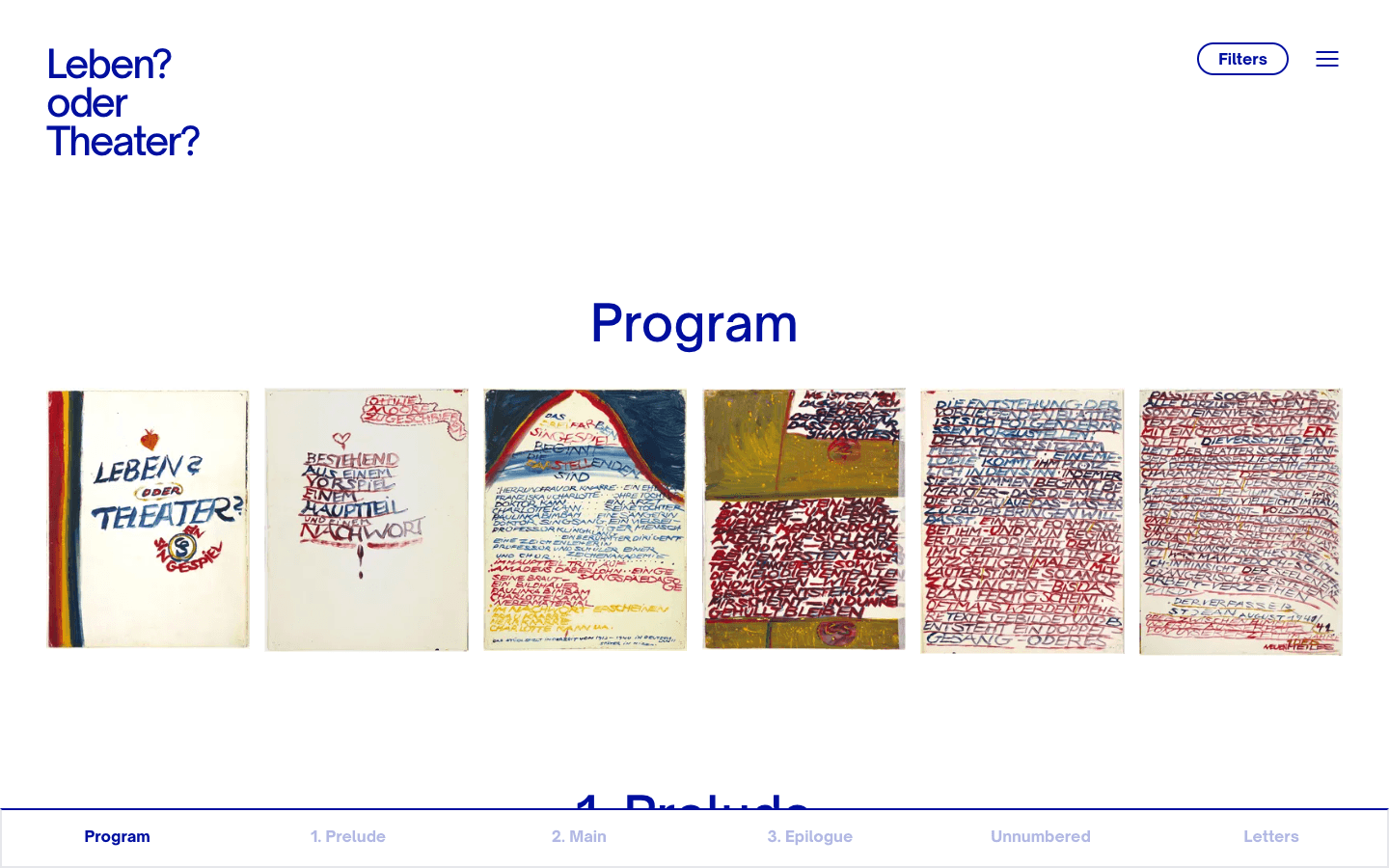 The Program view on charlotte.jck.nl with rows of small thumbnails of Charlotte Salomon's gouaches and tabs at the bottom labelled Program, 1. Prelude, 2. Main, 3. Epilogue, Unnumbered, Letters.