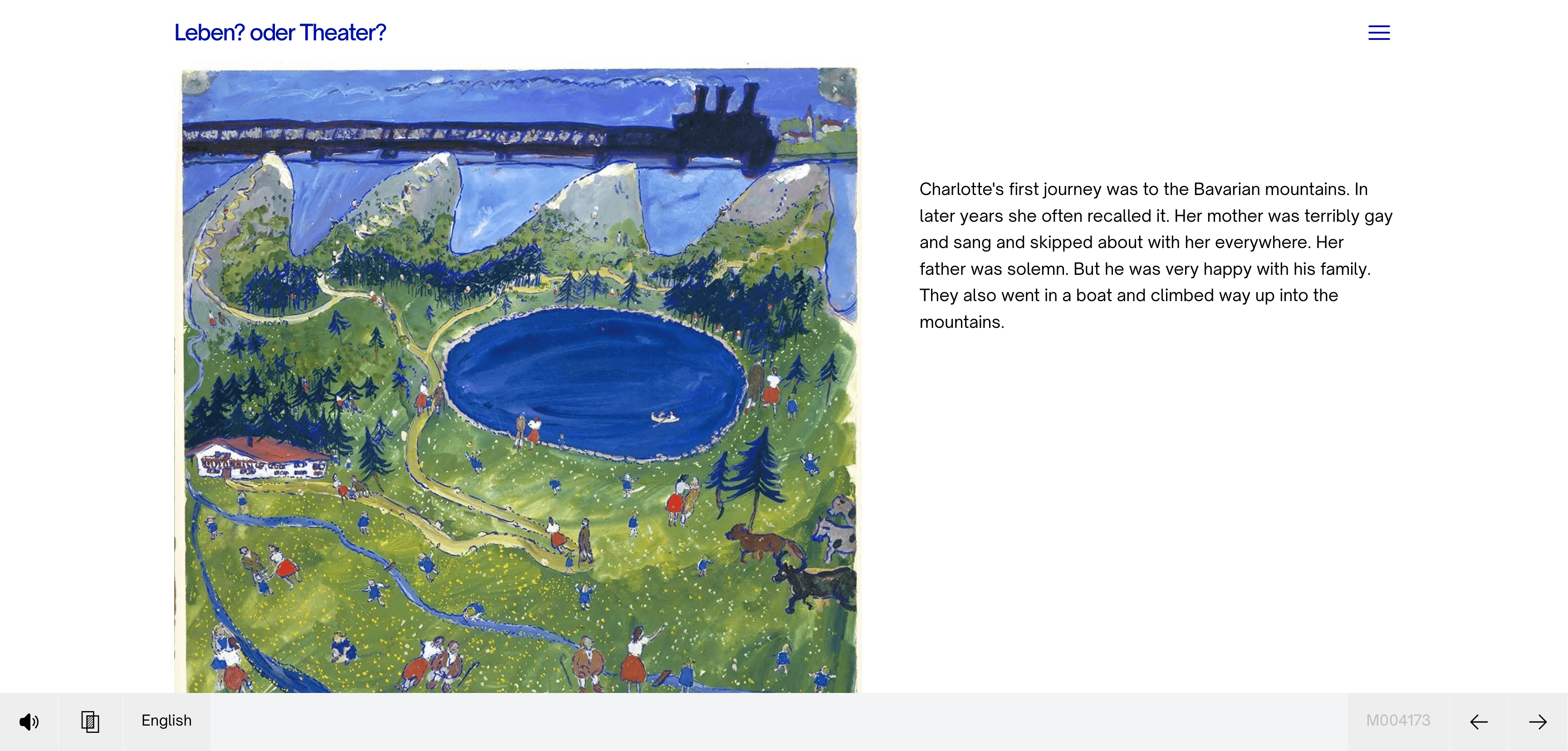 A single record page on charlotte.jck.nl, with a vivid gouache of a Bavarian landscape on the left and a paragraph of narration about Charlotte's first journey to the mountains on the right. Audio controls in the bottom-left, English language indicator.