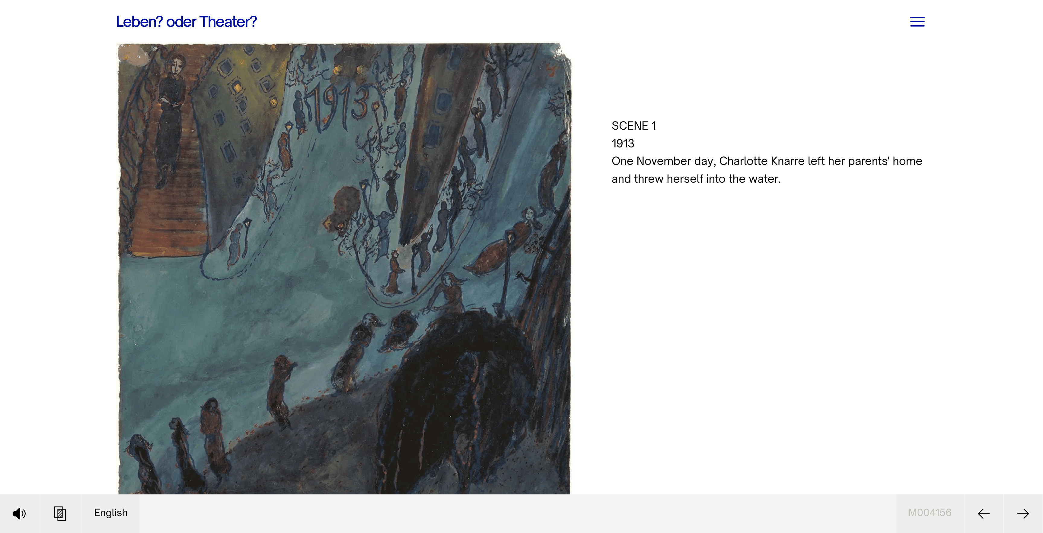 A darker scene from Life or Theatre showing figures gathered near water, with the narration heading Scene 1, 1913, and the line One November day, Charlotte Knarre left her parents home and threw herself into the water.