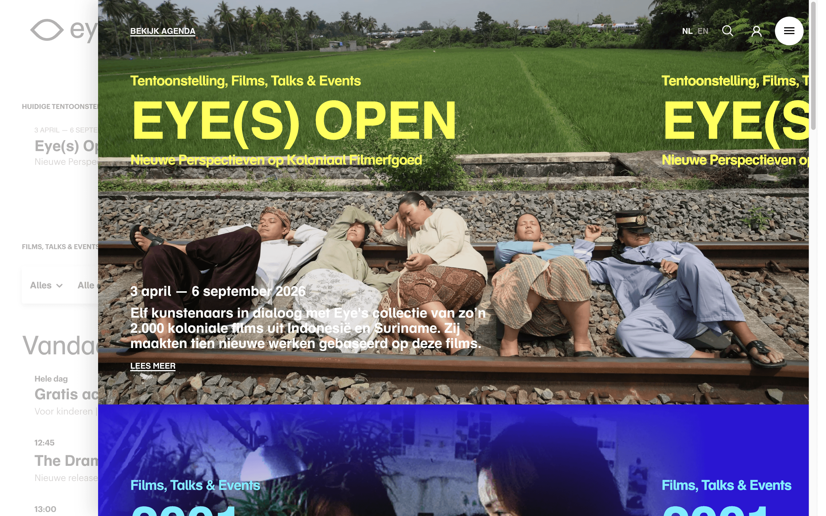 The eyefilm.nl homepage with a permanently visible left-hand agenda and an editorial highlights carousel showing the Eye(s) Open exhibition