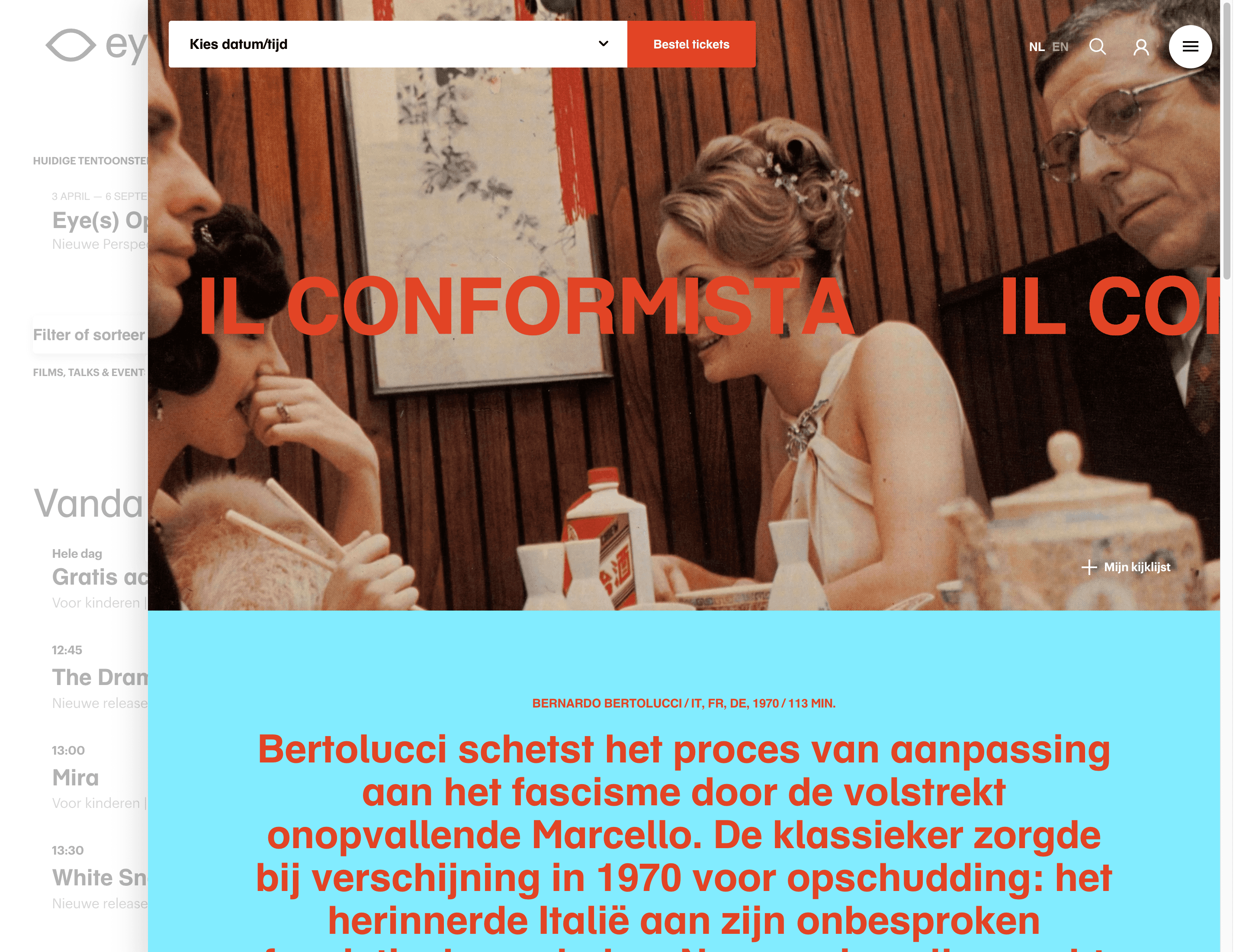 A film detail page on eyefilm.nl for Il Conformista, showing a still from the film, the title in red, a date/time selector and a Bestel tickets button, with editorial copy beginning below