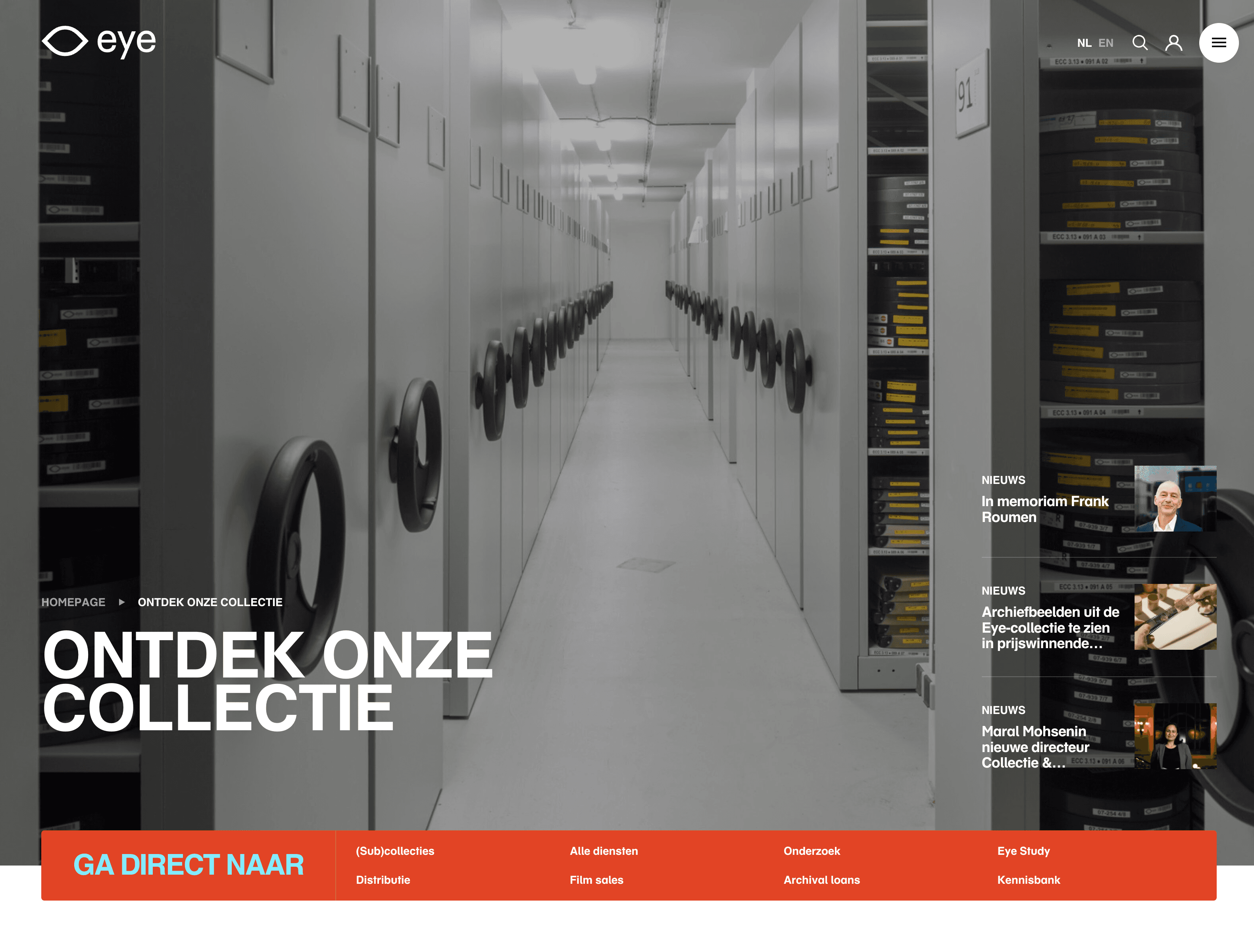 The collection landing page on eyefilm.nl: a full-bleed photo of Eye's film vaults behind the title Ontdek onze collectie, editorial news teasers, and a red band of direct links to services