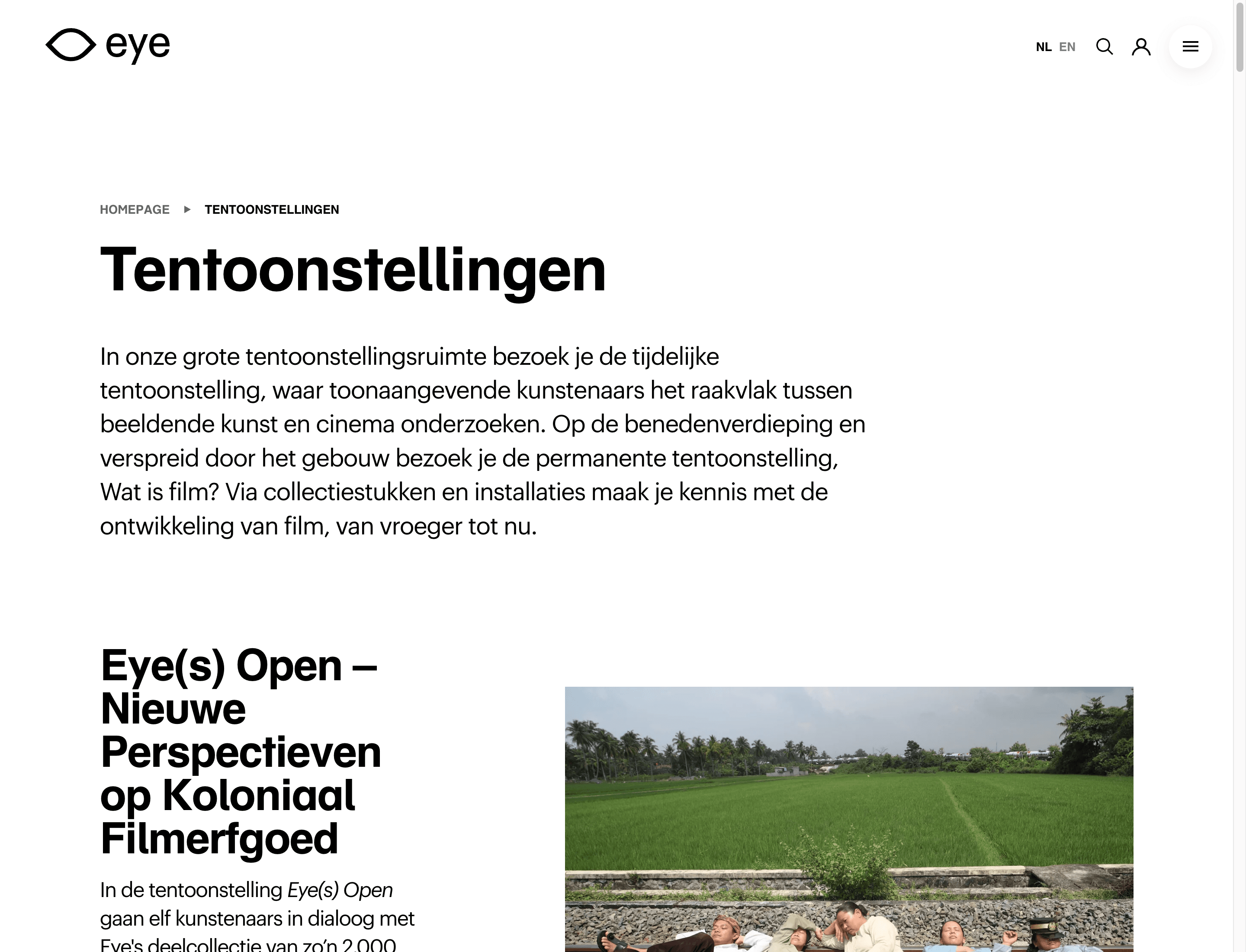 The Tentoonstellingen landing page on eyefilm.nl, with a breadcrumb, intro paragraph and the first exhibition entry for Eye(s) Open