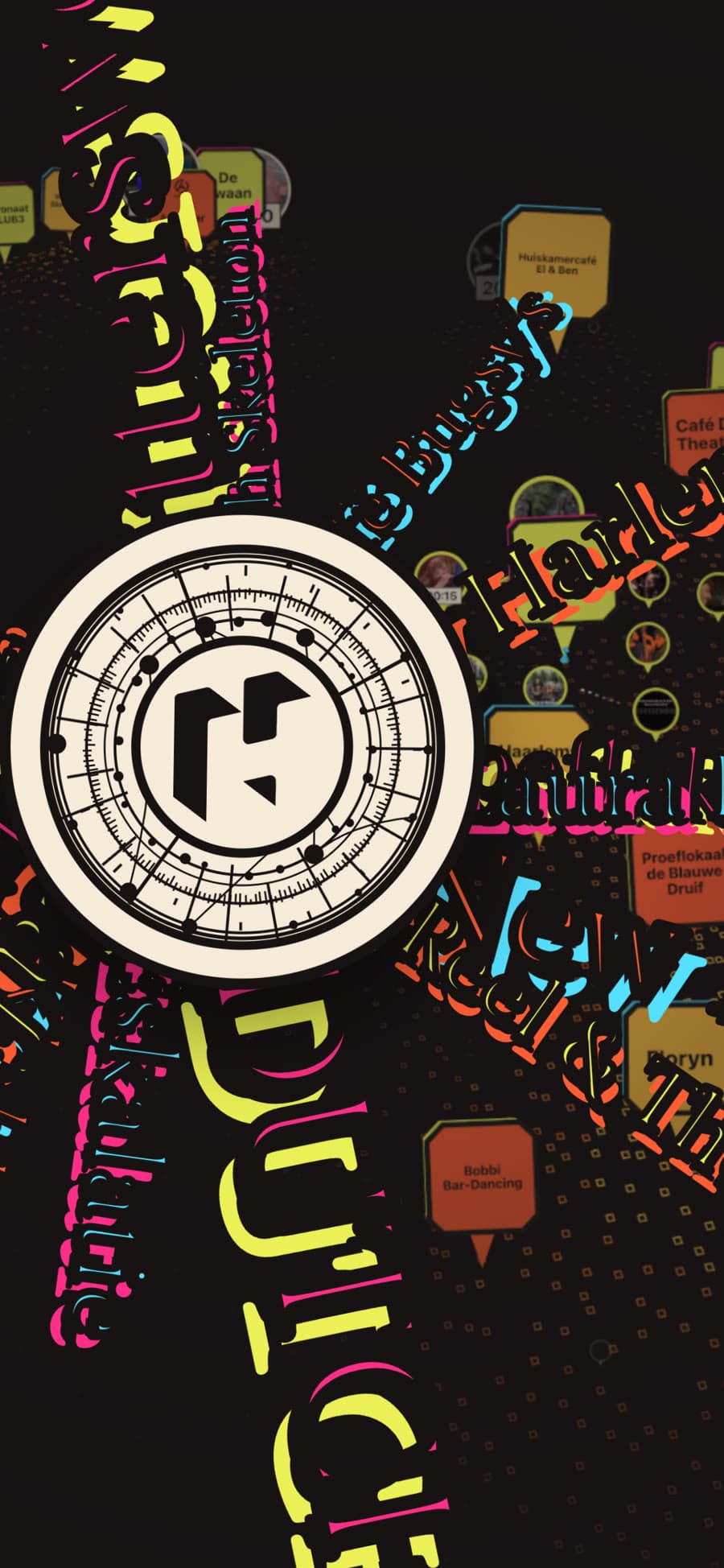 A phone screen showing a cream dial marked with the festival's H, with venue and act names in yellow, pink, cyan and orange fanning out around it over the darkened map