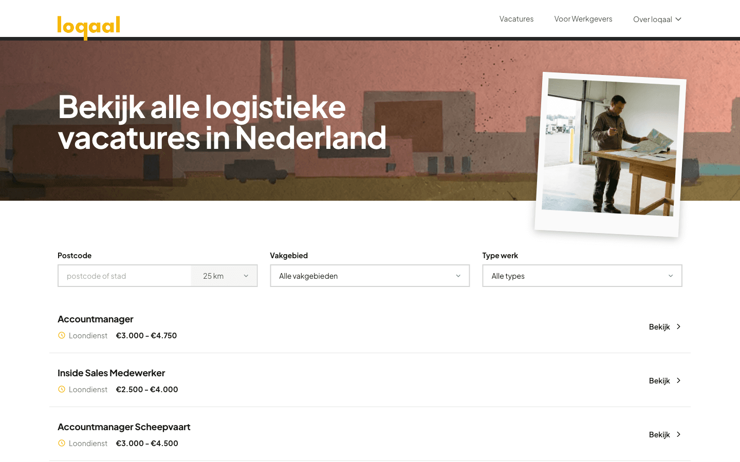 The vacatures listing page on loqaal.eu, with a Postcode input, a radius dropdown set to 20 km, a Vakgebied filter and a Type werk filter above a list of open roles
