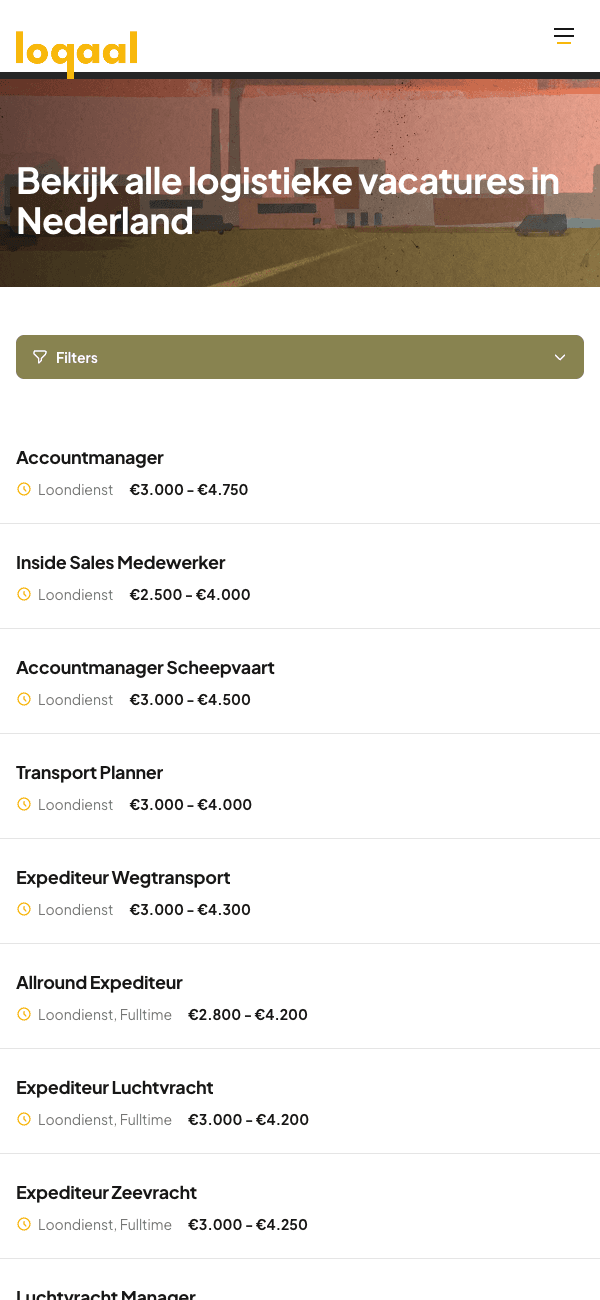 Mobile view of the loqaal vacancies page with a single Filters button above a stacked list of vacancy cards