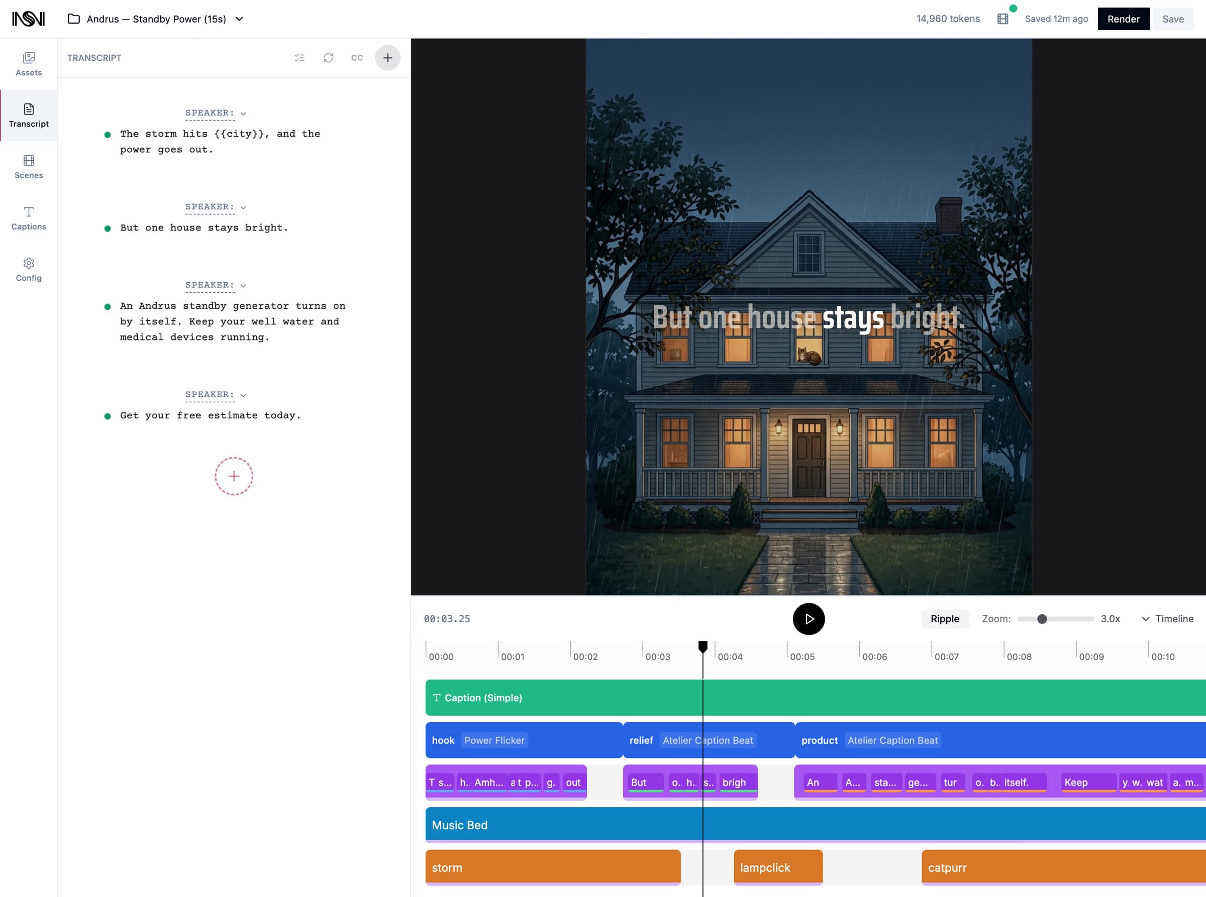 The Story by Numbers studio with the Andrus standby power project open: a transcript panel whose first line reads 'The storm hits {{city}}, and the power goes out', the storm film in the player, and a timeline with caption, music bed, and sound effect tracks