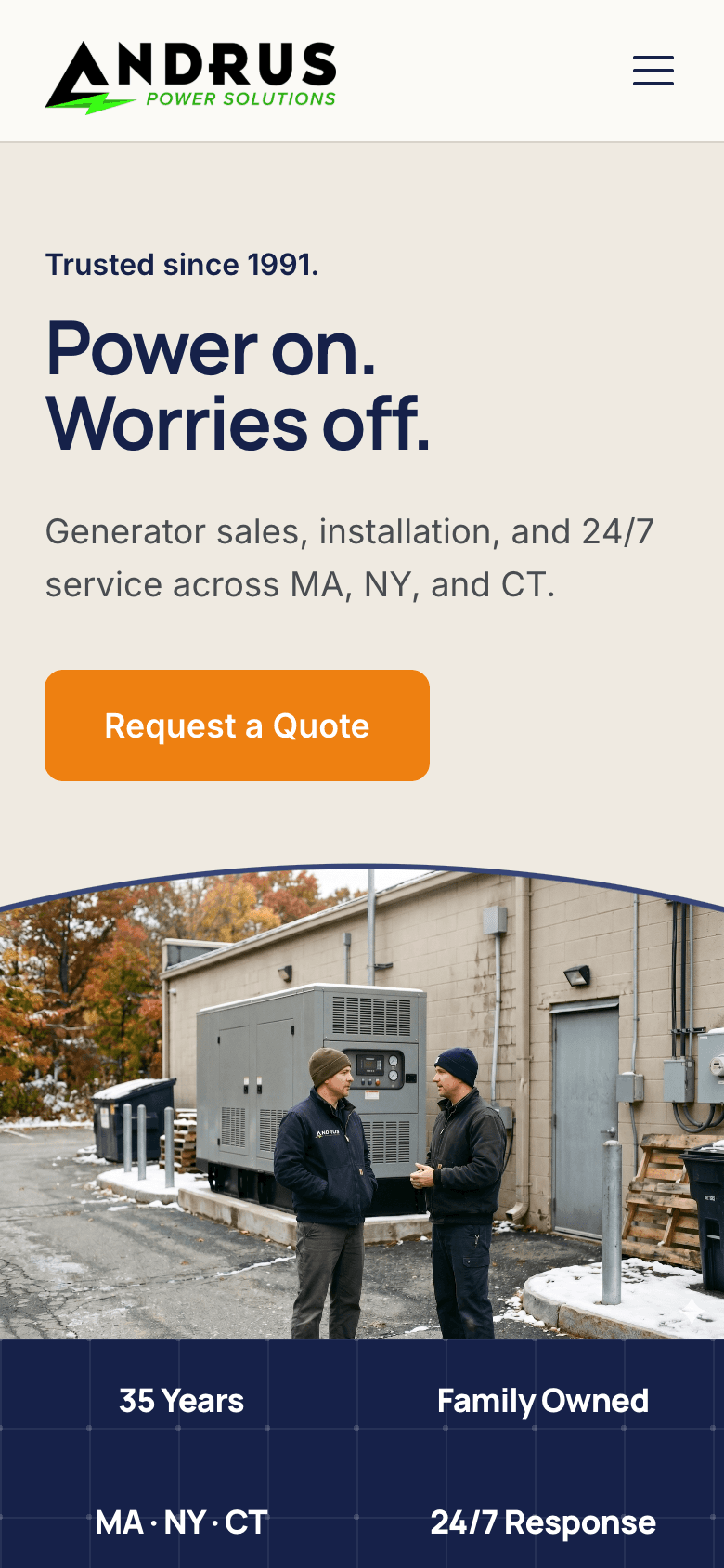 Mobile view of the Andrus homepage with the headline 'Power on. Worries off.', a request-a-quote button, and a photograph of technicians beside a generator