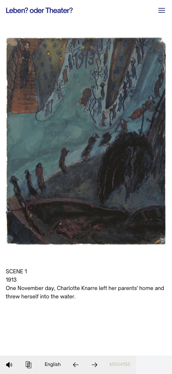 Mobile view of a single record page. The painting is at the top, the Scene 1 narrative below, and audio plus language controls in a persistent bar at the bottom.