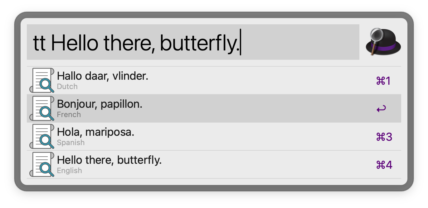 Alfred showing the query "tt Hello there, butterfly." with translations to Dutch, French, Spanish and English, each selectable with a Cmd-number shortcut.